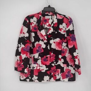 Alfred Dunner Blazer Women 12 Black Pink Floral Excellent 3/4 Sleeve Textured